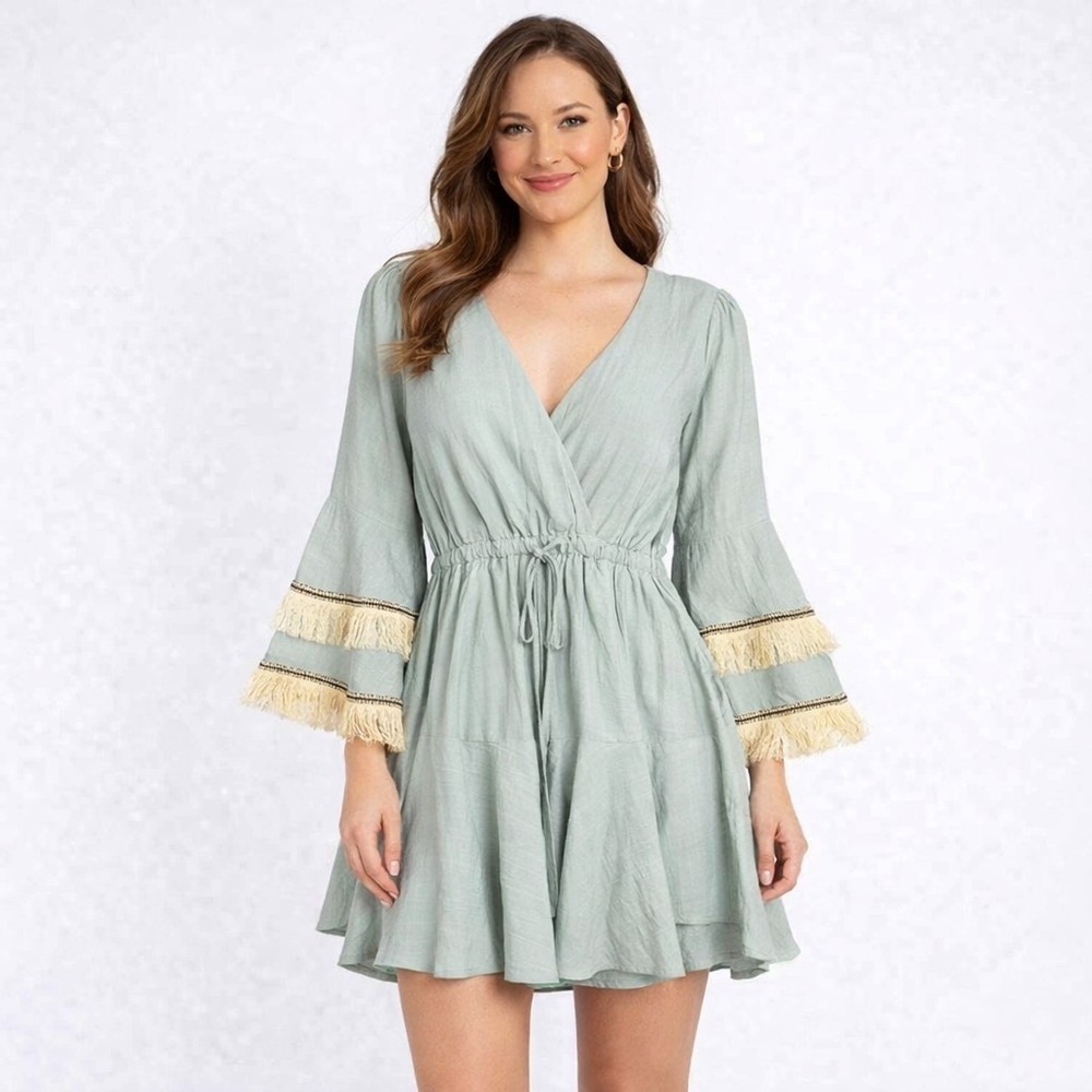Indikah Boho Sage Green Mini‎ Dress XS Fringe Bell Sleeve V-Neck Festival Romany